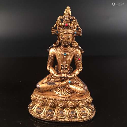 Chinese Gilt Bronze Amitayus Figure, Inlaid Gemstones