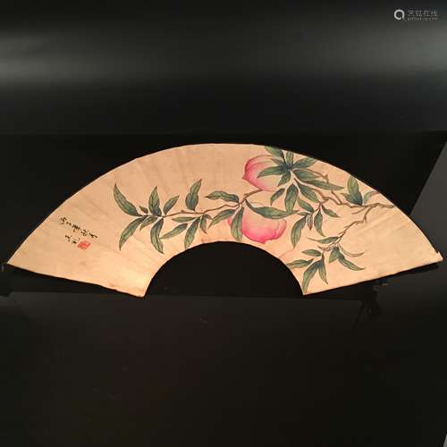 Chinese Peach Fan Shape, Wang Li Signature