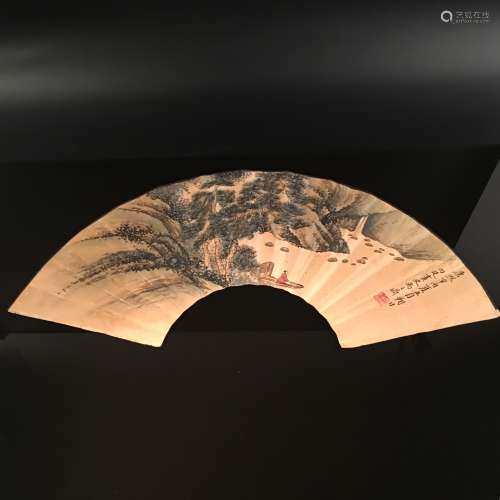 Chinese Landscape Fan Shape, Yu Zhiding Signature