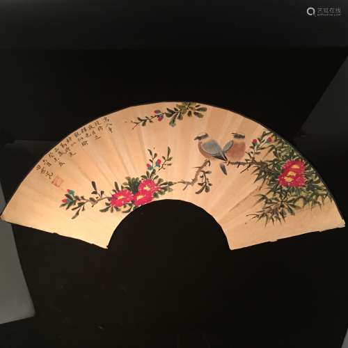 Chinese Flower & Bird Fan Shape, Tian Shiguang Signature