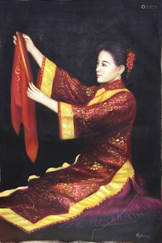 Chinese 'Bride' Oil Painting, Jiang Changyi Signature