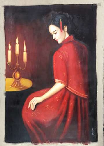 Chinese 'Bride' Oil Painting, Zhu Yiyong Signature