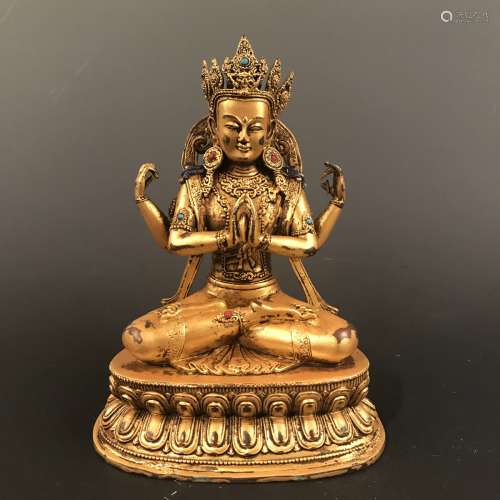Chinese Gilt Bronze Avalokiteshvara Figure Inlaid Gemstones