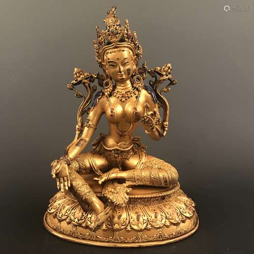 Chinese Gilt Bronze Green Tara Figure Inlaid Gemstones