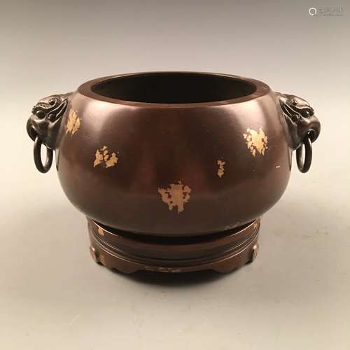 Chinese Bronze Gilt Dots Censer, Double 'Rui Shou' Handle