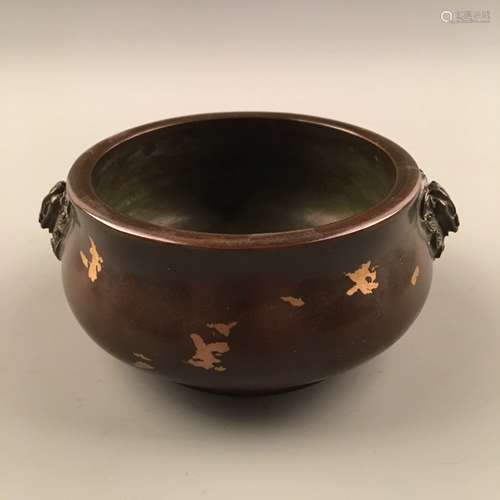 Chinese Brozen Gilt Dots Censer With Beast Head Handle