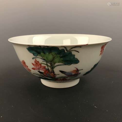 Chinese Famille Rose 'Lotus & Birds' Bowl, Qianlong Mark