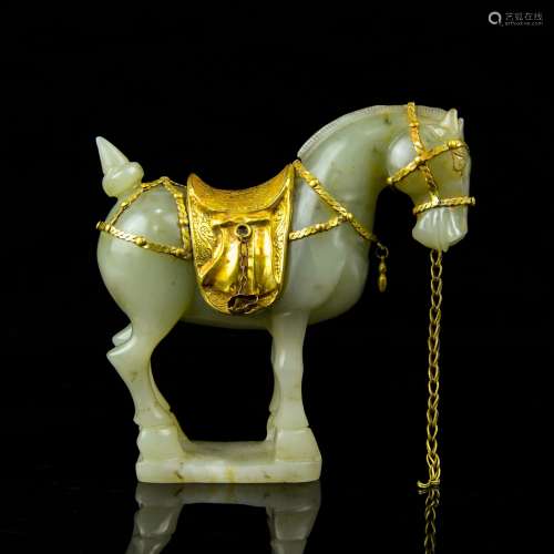 A Chinese Carved Jade Horse with Gold Inlaid