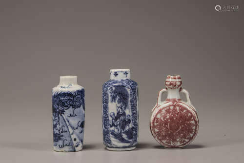 Three porcelain snuff bottles