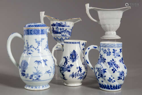 A group of five Chinese blue and white and en grisaille pouring vessels