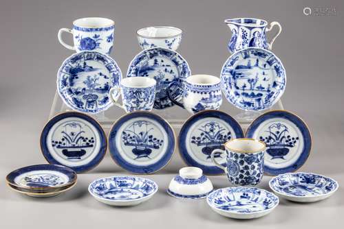 Seven Chinese blue and white cups and twelve saucers