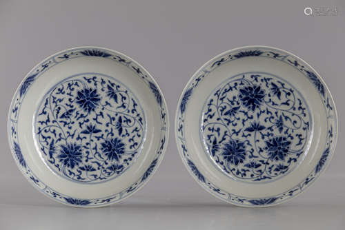 A pair of Chinese blue and white 'lotus' dishes