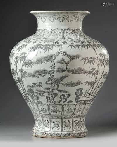 A large Chinese underglaze copper-red-decorated 'Three Friends of Winter' jar