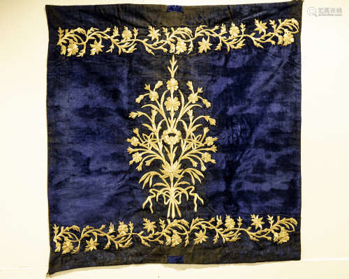 An Ottoman deep blue embroidered wrapping cloth bohca