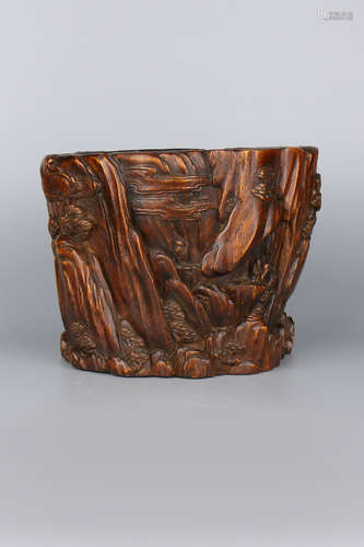 A Chinese Carved Agar-Wood Brush Pot