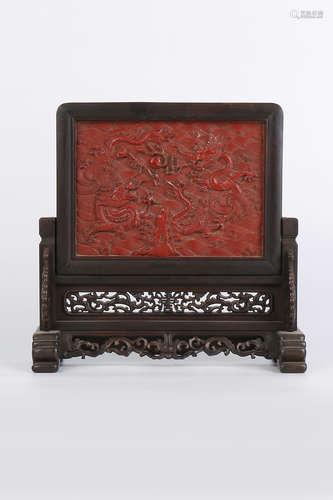 A Chinese Carved Zitan Screen with Carved Tixi Lacquer Panel Inlaid