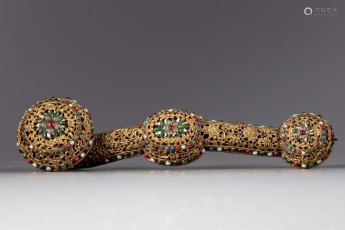 A Chinese gilt bronze gemstone and mother of pearl inlaid sceptre