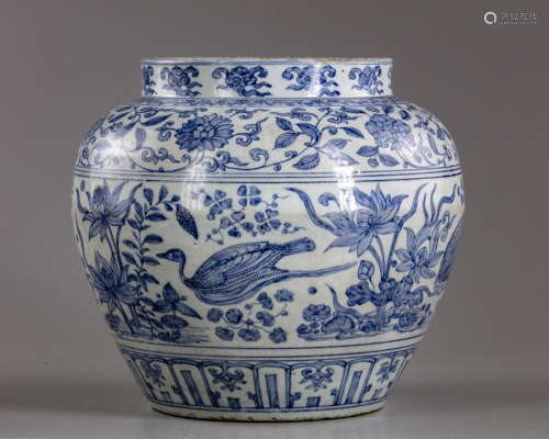 A Chinese blue and white 'ducks and lotus' jar