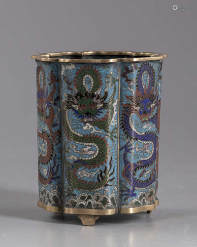 A Chinese cloisonné enamel 'dragon' foliate brush pot, bitong