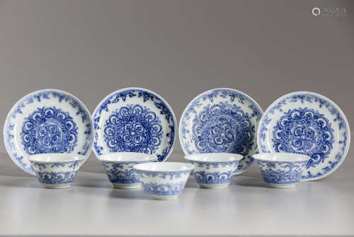 Five Chinese blue and white cups and four saucers