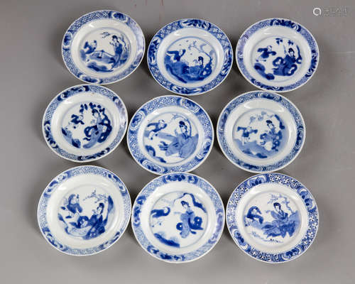 Nine small Chinese blue and white saucers