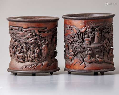 Two Chinese carved bamboo brush pots, bitong