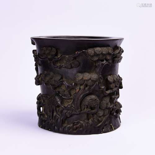 A Chinese Carved Zitan Brush Pot