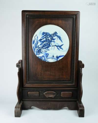 A Chinese Rosewood Screen with Blue and White Porcelain Plaque Inlaid