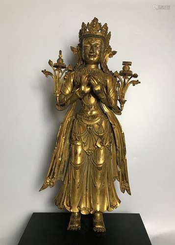 A Gilt Bronze Figure Of Stand MANJUSRI With Wood Base