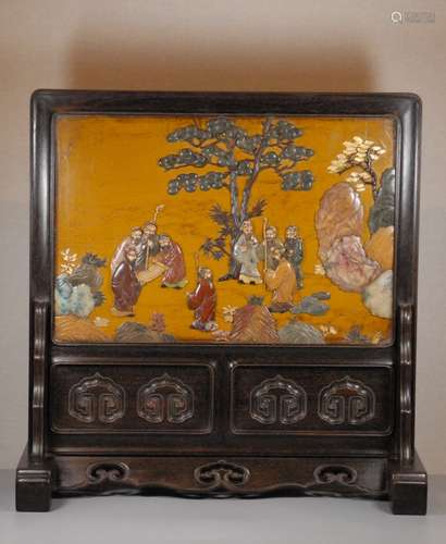 A Rose Wood Gems-Inlaid Table Screen