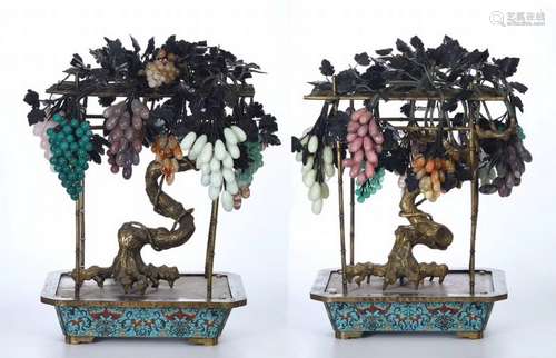 A Pair Of Cloisonne Bronze Plates With Jade Grape