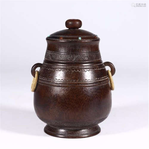 CHINESE BAMBOO LOOPED HANDLE LIDDED ZUN VASE
