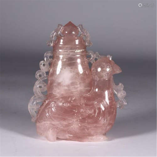 CHINESE PINK ROCK CRYSTAL CHICKEN LIDDED CENSER