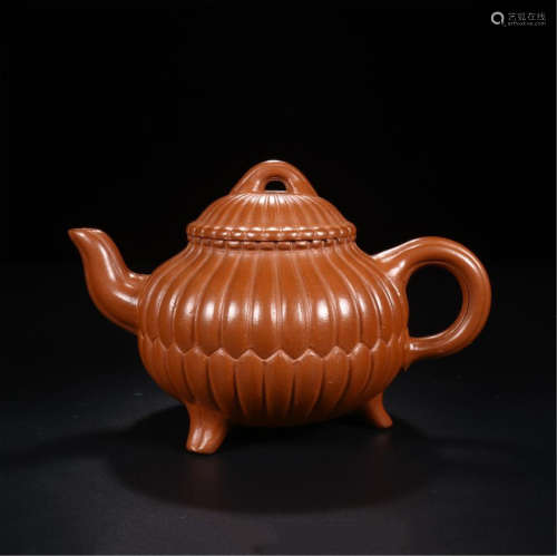 CHINESE YIXING ZISHA RED CLAY TRIPLE FEET TEA POT