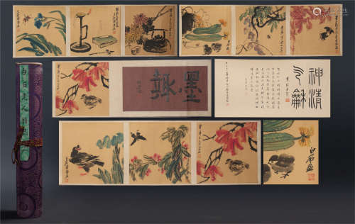 TWEELVE PAGES OF CHINESE ALBUM PAINTING OF BIRD AND FLOWER WITH CALLIGRAPHY