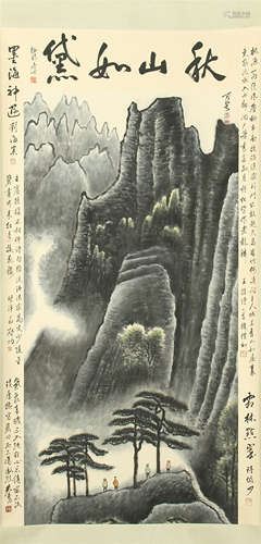 CHINESE SCROLL PAINTING OF MOUNTAIN VIEWS WITH CALLIGRAPHY