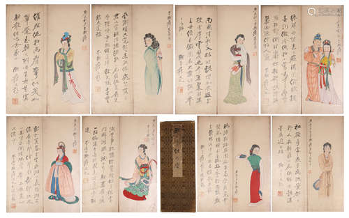 EIGHT PAGES OF CHINESE ALBUM PAINTING OF BEAUTY WITH CALLIGRAPHY