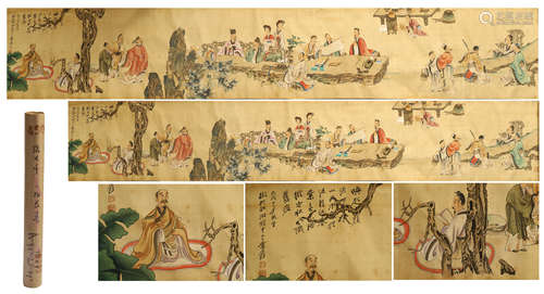 CHINESE HAND SCROLL PAINTING OF MEN GATHERING IN GARDEN WITH CALLIGRAPHY