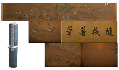 CHINESE HAND SCROLL PAINTING OF BIRD AND FLOWER WITH CALLIGRAPHY