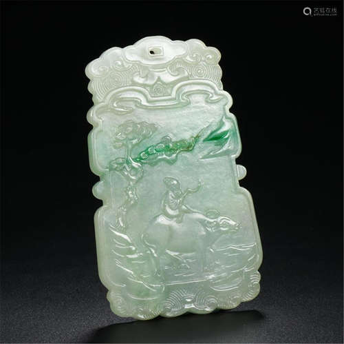 CHINESE JADEITE BOY ON OX PLAQUE