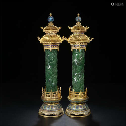 PIAR OF CHINESE SPINACH JADE CLOISONNE PAVILION STYLE INCENSE CAGES