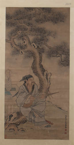 CHINESE SCROLL PAINTING OF MAN UNDER PINE