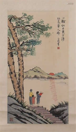 CHINESE SCROLL PAINTING OF PEOPLE UNDER PINE