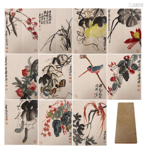 TWEELVE PAGES OF CHINESE ALBUM PAINTING OF BIRD AND FLOWER WITH CALLIGRAPHY