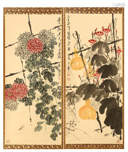 TWO PANELS OF CHINESE SCROLL PAINTING OF FLOWER AND SQUASH