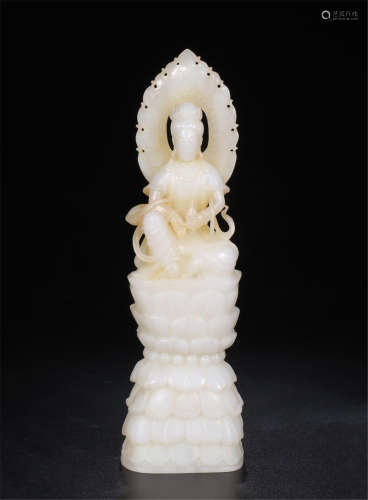 CHINESE WHITE JADE SEATED GUANYIN ON LOTUS STAND