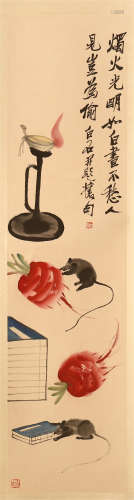 CHINESE SCROLL PAINTING OF MOUSE AND CANDLE WITH CALLIGRAPHY