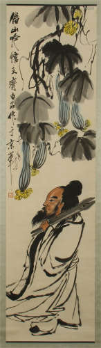 CHINESE SCROLL PAINTING OF MAN AND SQUASH