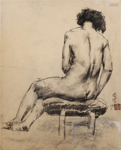 CHINESE SKETCH PAINTING OF SEATED NUDE