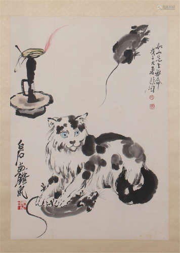 CHINESE SCROLL PAINTING OF MOUSE AND CAT